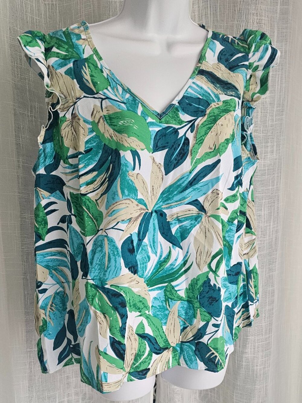 Women's V neck Leaf Print Blouse Green Size 1XL NEW